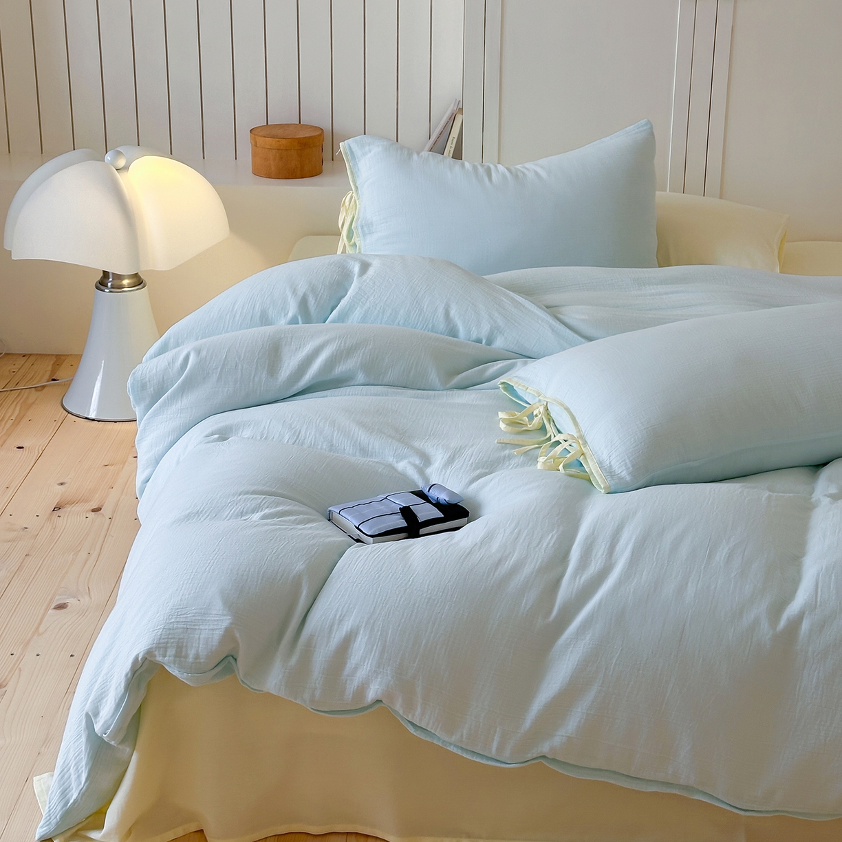 91家纺网 家纺一手货源 找家纺 （总）小春日和 2025新款纯棉A类婴幼儿母婴纯色双层皱皱纱四件套