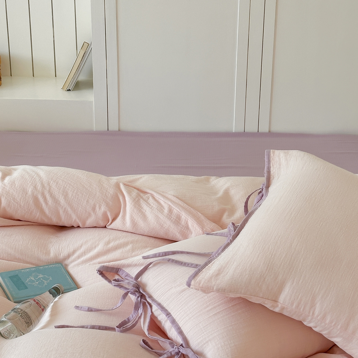 91家纺网 家纺一手货源 找家纺 小春日和 2025新款纯棉A类婴幼儿母婴纯色双层皱皱纱四件套 蜜桃乌龙