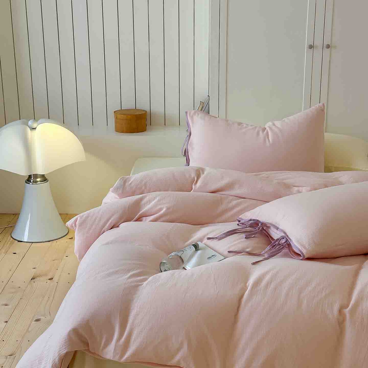 91家纺网 家纺一手货源 找家纺 小春日和 2025新款纯棉A类婴幼儿母婴纯色双层皱皱纱四件套 蜜桃芝士