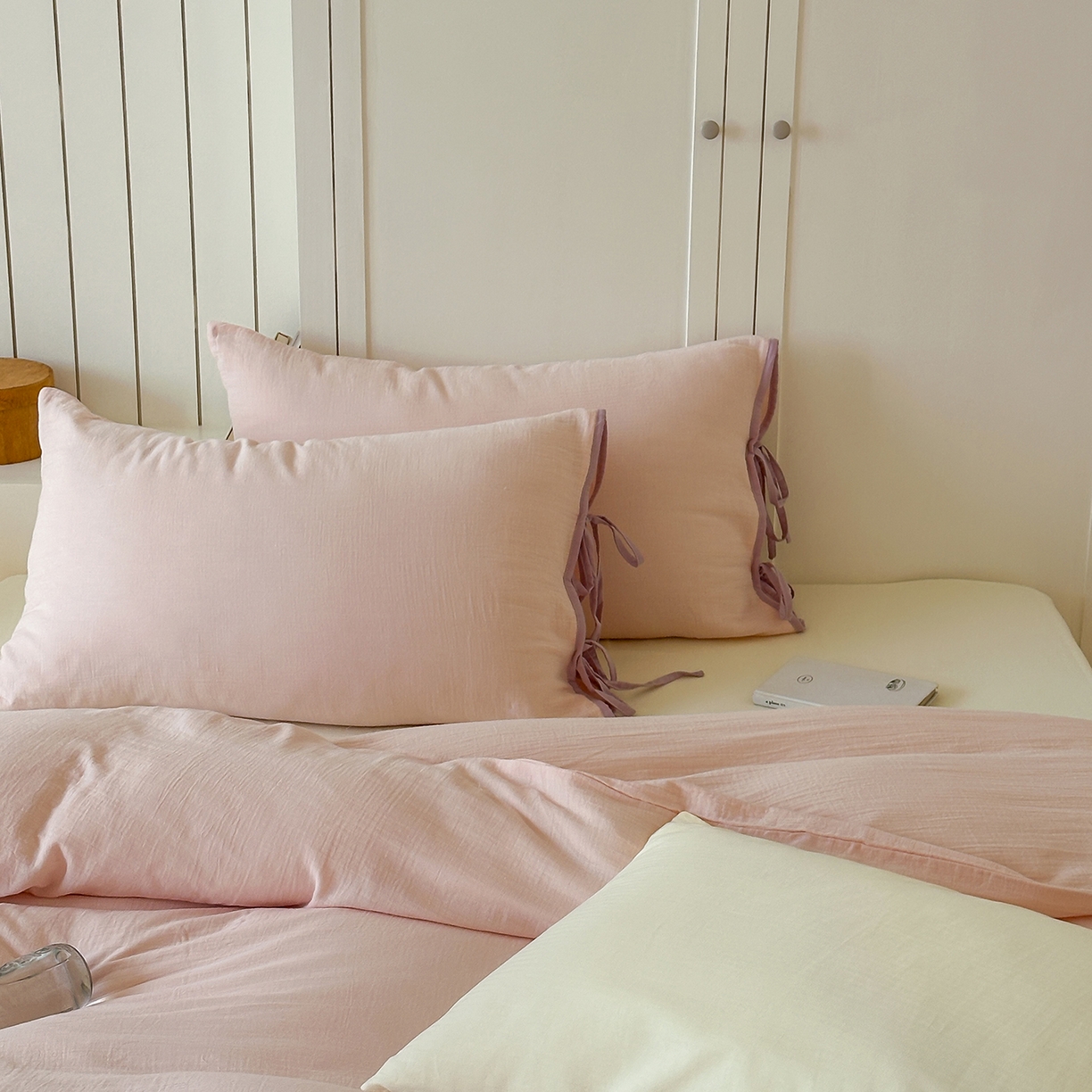 91家纺网 家纺一手货源 找家纺 小春日和 2025新款纯棉A类婴幼儿母婴纯色双层皱皱纱四件套 蜜桃芝士