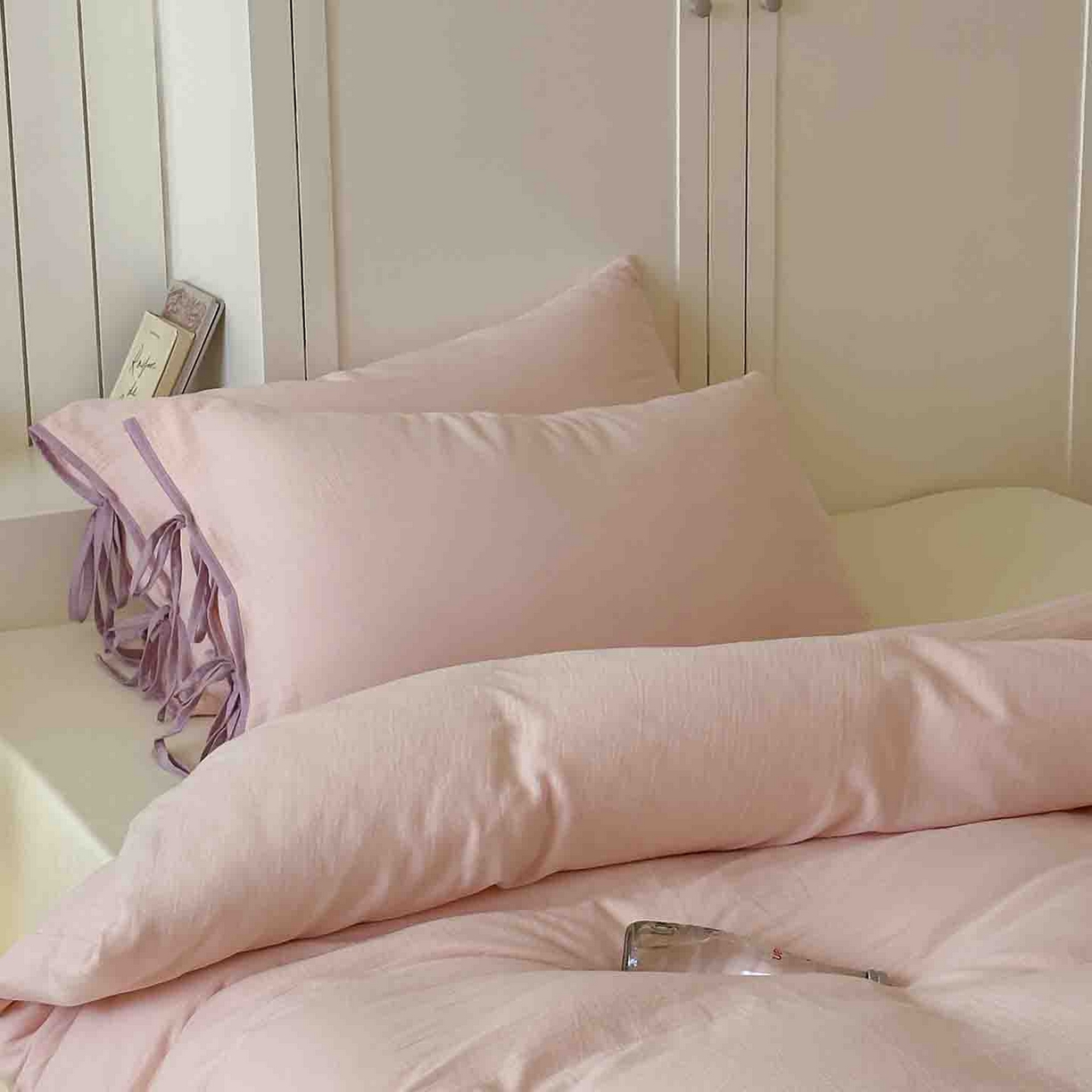 91家纺网 家纺一手货源 找家纺 小春日和 2025新款纯棉A类婴幼儿母婴纯色双层皱皱纱四件套 蜜桃芝士