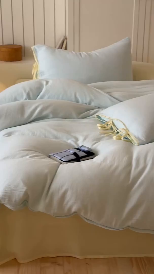 91家纺网 家纺一手货源 找家纺 小春日和 2025新款纯棉A类婴幼儿母婴纯色双层皱皱纱四件套 海盐芝士