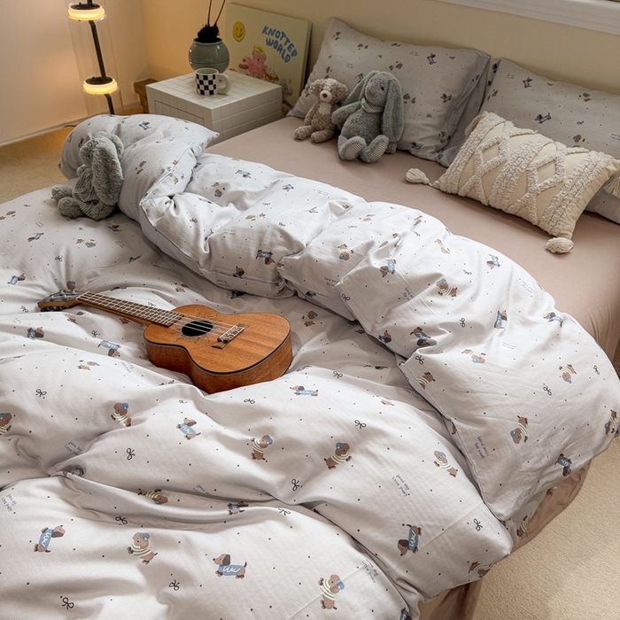 91家纺网 家纺一手货源 找家纺 慕尚家纺 2025新款全棉纯棉母婴双层纱四件套 迷你腊肠犬