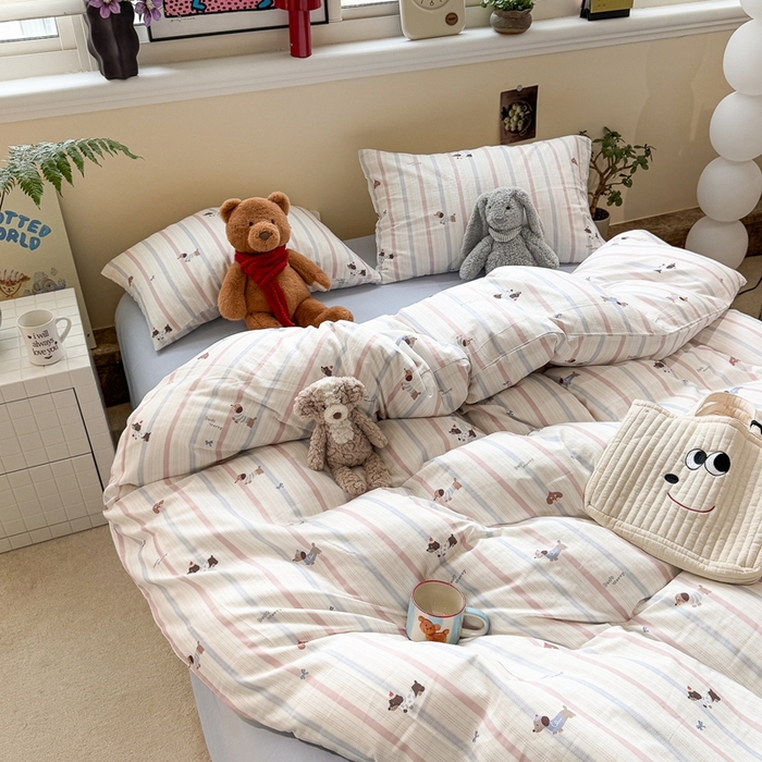 91家纺网 家纺一手货源 找家纺 慕尚家纺 2025新款全棉纯棉母婴双层纱四件套 条纹腊肠狗