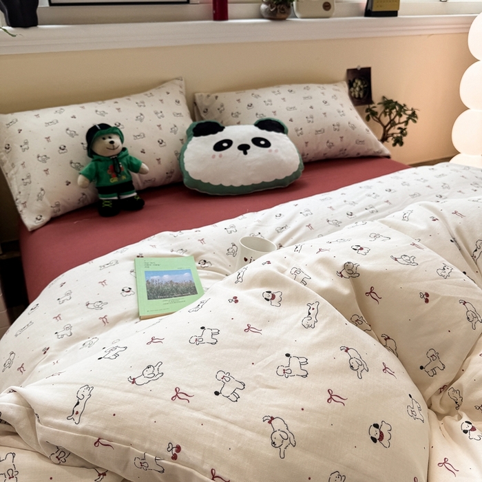 91家纺网 家纺一手货源 找家纺 慕尚家纺 2025新款全棉纯棉母婴双层纱四件套 小狗和羊驼