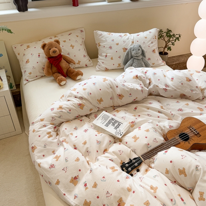 91家纺网 家纺一手货源 找家纺 慕尚家纺 2025新款全棉纯棉母婴双层纱四件套 小熊蛋糕