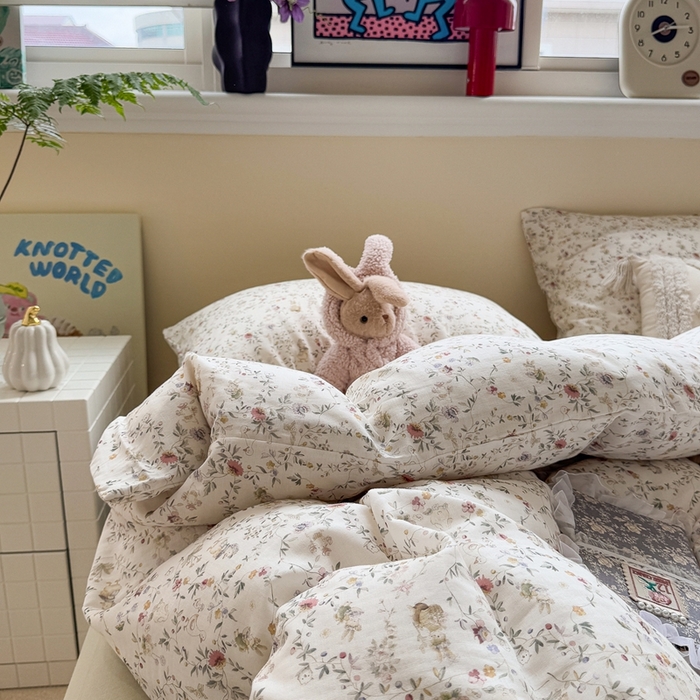 91家纺网 家纺一手货源 找家纺 慕尚家纺 2025新款全棉纯棉母婴双层纱四件套 花丛小鸭