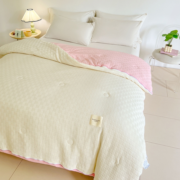 91家纺网 家纺一手货源 找家纺 VIP被业 2025新款简约纯色华夫格提花大豆子母被被子被芯 米拼粉