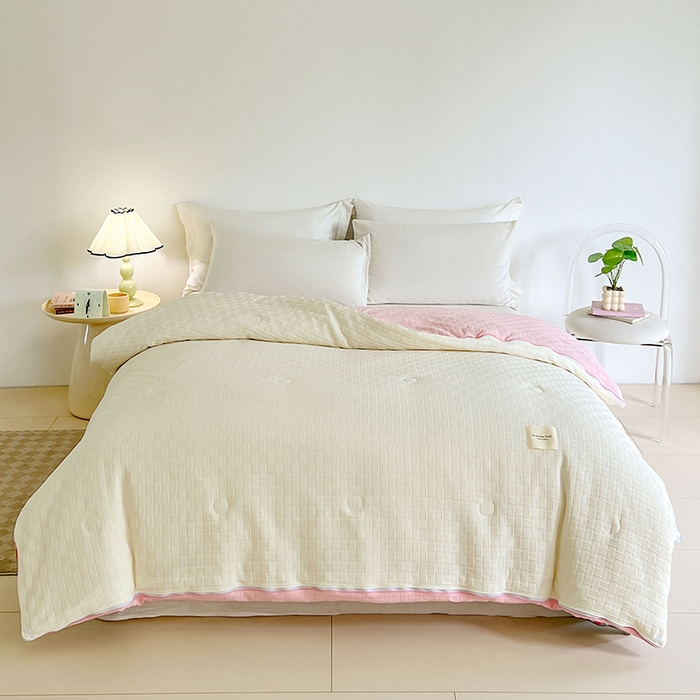 91家纺网 家纺一手货源 找家纺 VIP被业 2025新款简约纯色华夫格提花大豆子母被被子被芯 米拼粉