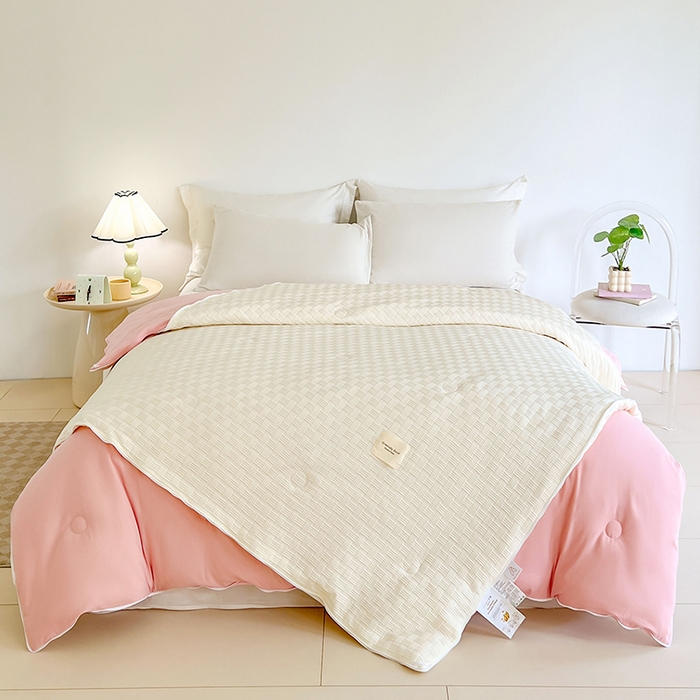 91家纺网 家纺一手货源 找家纺 VIP被业 2025新款简约纯色华夫格提花大豆子母被被子被芯 米拼粉