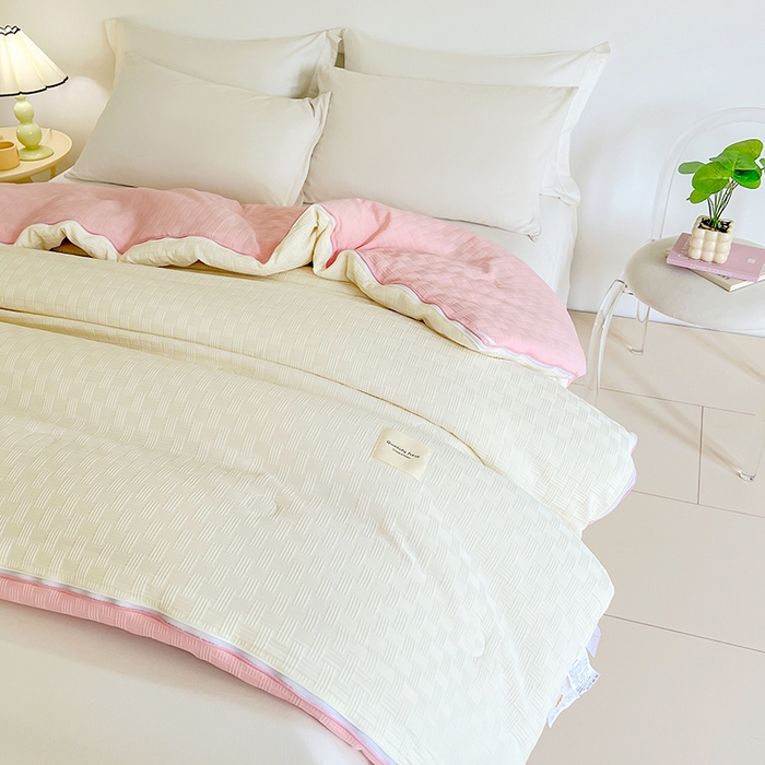 91家纺网 家纺一手货源 找家纺 VIP被业 2025新款简约纯色华夫格提花大豆子母被被子被芯 米拼粉