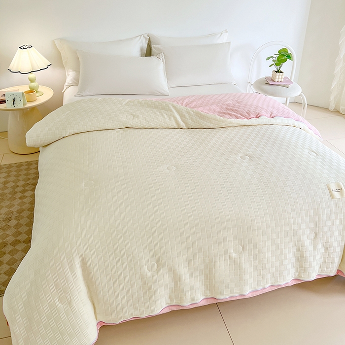 91家纺网 家纺一手货源 找家纺 VIP被业 2025新款简约纯色华夫格提花大豆子母被被子被芯 米拼粉