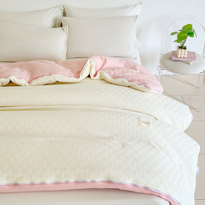 91家纺网 家纺一手货源 找家纺 VIP被业 2025新款简约纯色华夫格提花大豆子母被被子被芯 米拼粉