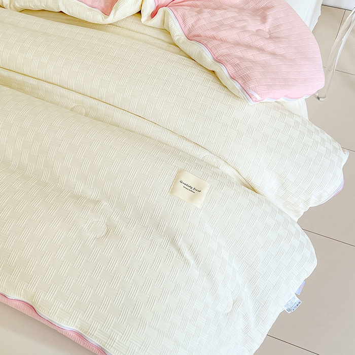 91家纺网 家纺一手货源 找家纺 VIP被业 2025新款简约纯色华夫格提花大豆子母被被子被芯 米拼粉