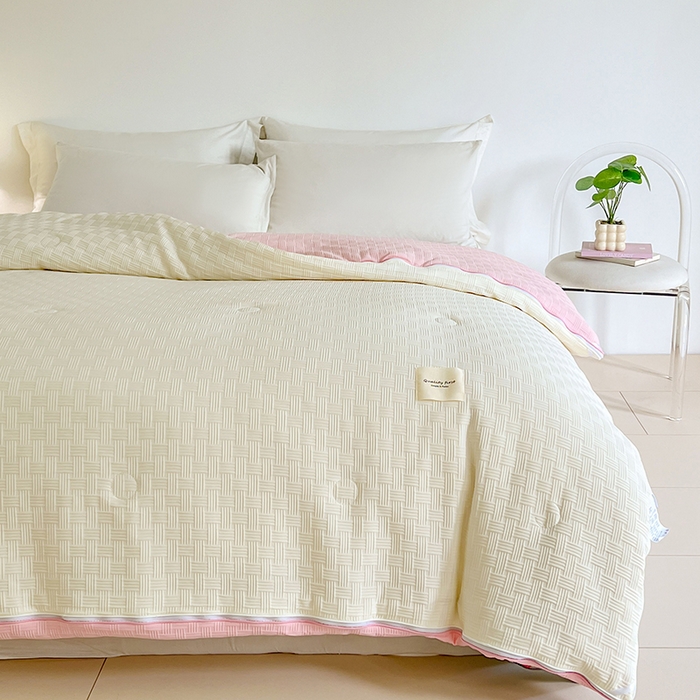 91家纺网 家纺一手货源 找家纺 VIP被业 2025新款简约纯色华夫格提花大豆子母被被子被芯 米拼粉