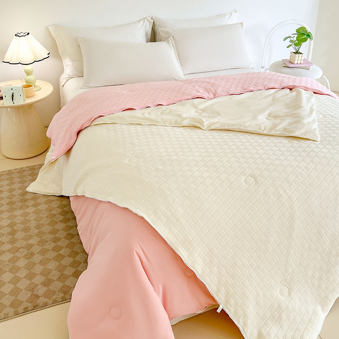 91家纺网 家纺一手货源 找家纺 VIP被业 2025新款简约纯色华夫格提花大豆子母被被子被芯 米拼粉