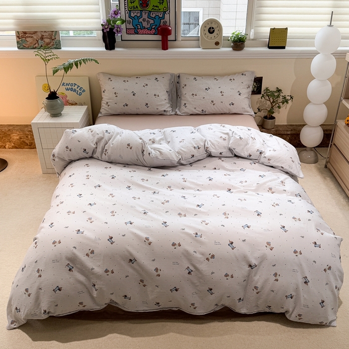 91家纺网 家纺一手货源 找家纺 慕尚家纺 2025新款全棉纯棉母婴双层纱四件套 迷你腊肠犬