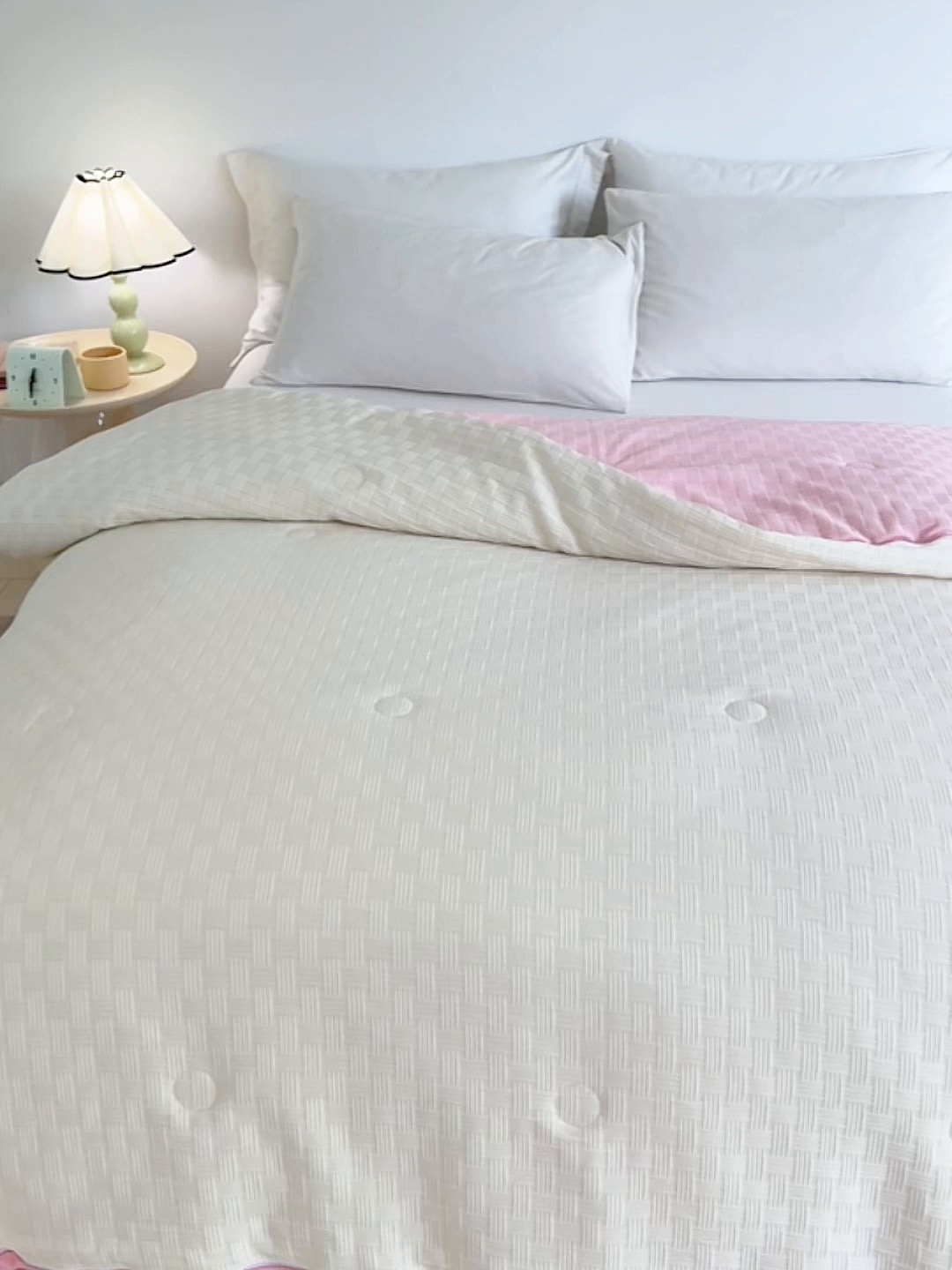 91家纺网 家纺一手货源 找家纺 VIP被业 2025新款简约纯色华夫格提花大豆子母被被子被芯 米拼粉