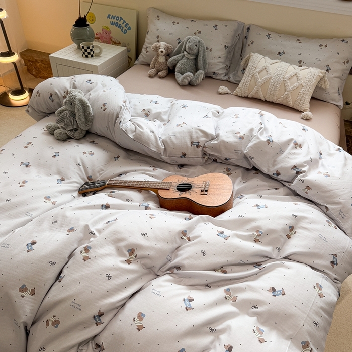 91家纺网 家纺一手货源 找家纺 慕尚家纺 2025新款全棉纯棉母婴双层纱四件套 迷你腊肠犬