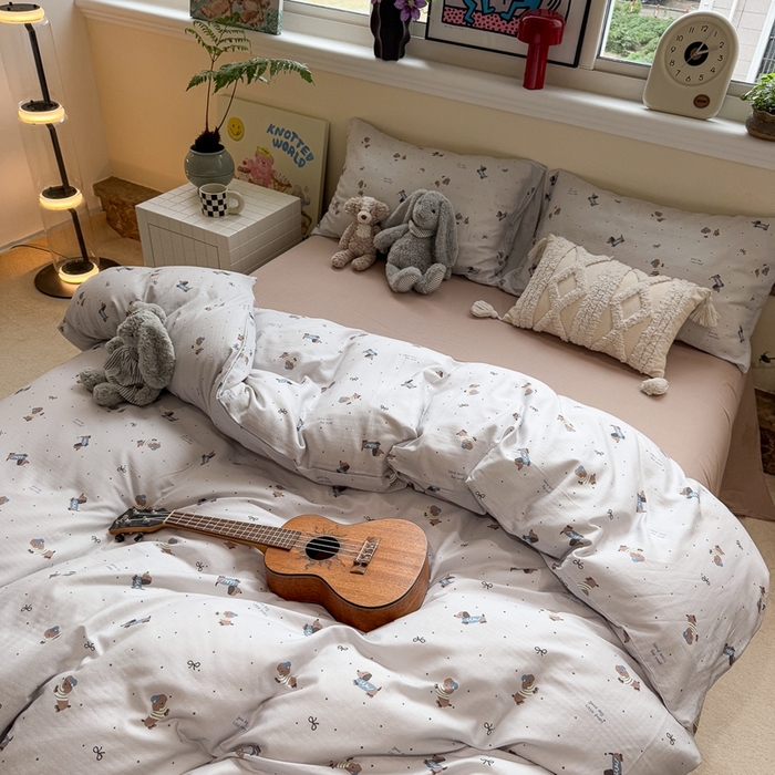 91家纺网 家纺一手货源 找家纺 慕尚家纺 2025新款全棉纯棉母婴双层纱四件套 迷你腊肠犬