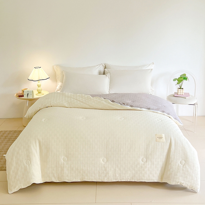 91家纺网 家纺一手货源 找家纺 VIP被业 2025新款简约纯色华夫格提花大豆子母被被子被芯 米拼灰