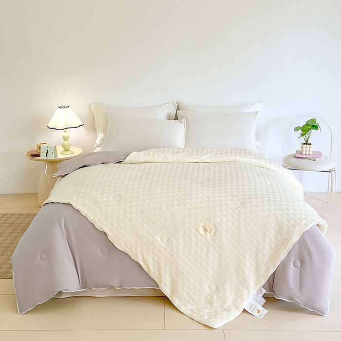 91家纺网 家纺一手货源 找家纺 VIP被业 2025新款简约纯色华夫格提花大豆子母被被子被芯 米拼灰