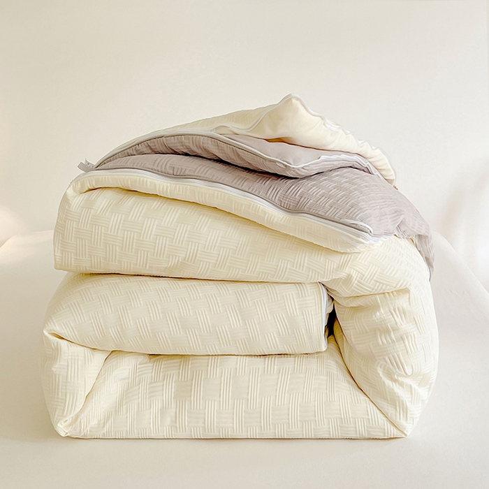 91家纺网 家纺一手货源 找家纺 VIP被业 2025新款简约纯色华夫格提花大豆子母被被子被芯 米拼灰