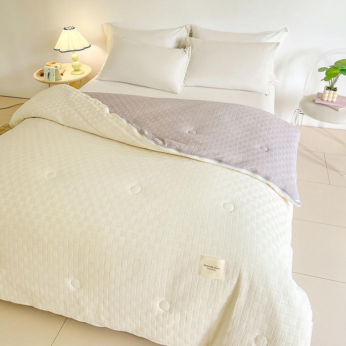 91家纺网 家纺一手货源 找家纺 VIP被业 2025新款简约纯色华夫格提花大豆子母被被子被芯 米拼灰