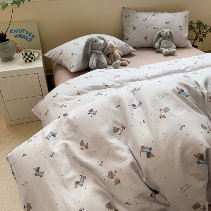 91家纺网 家纺一手货源 找家纺 慕尚家纺 2025新款全棉纯棉母婴双层纱四件套 迷你腊肠犬