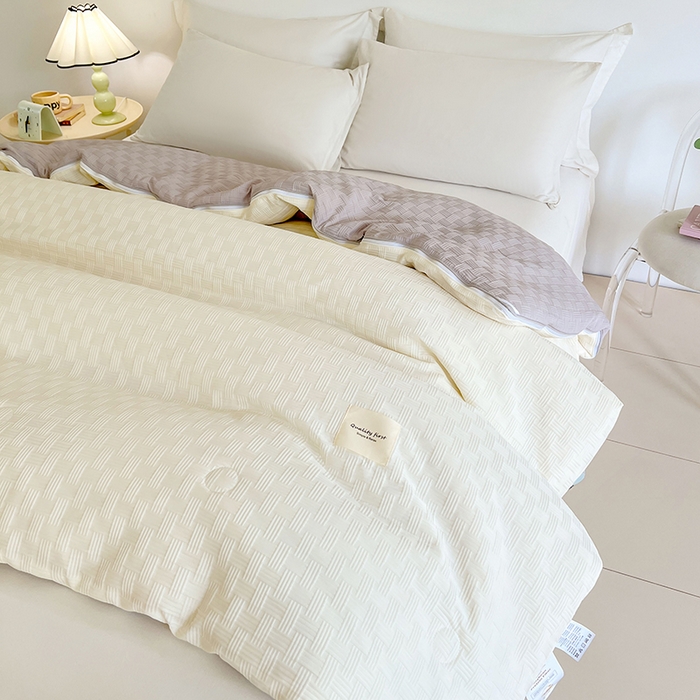 91家纺网 家纺一手货源 找家纺 VIP被业 2025新款简约纯色华夫格提花大豆子母被被子被芯 米拼灰