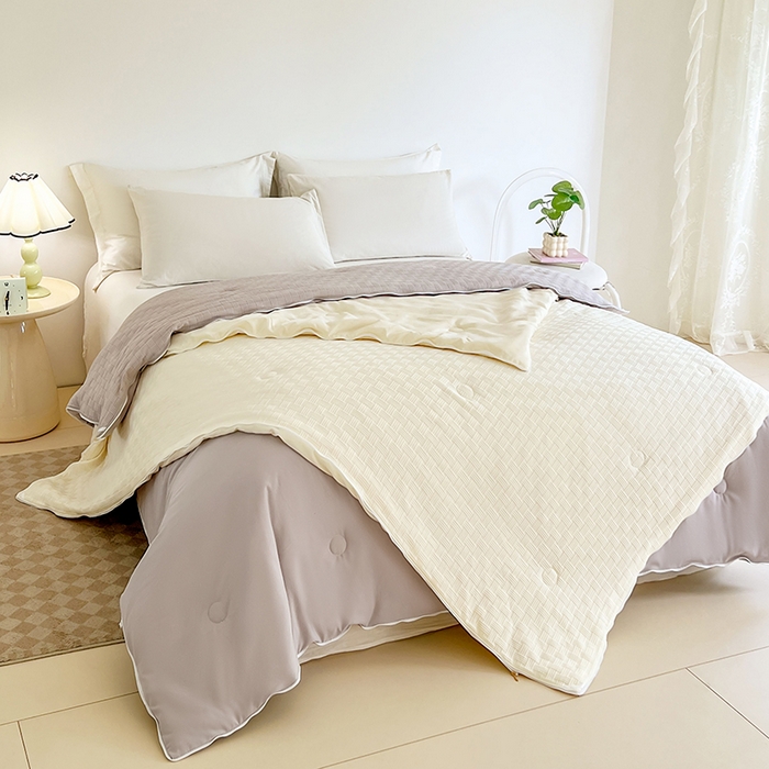 91家纺网 家纺一手货源 找家纺 VIP被业 2025新款简约纯色华夫格提花大豆子母被被子被芯 米拼灰