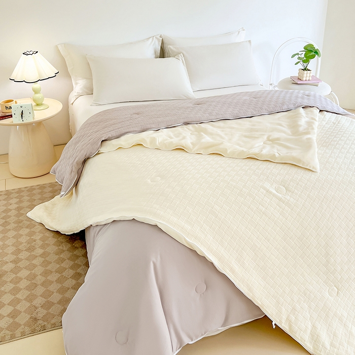 91家纺网 家纺一手货源 找家纺 VIP被业 2025新款简约纯色华夫格提花大豆子母被被子被芯 米拼灰