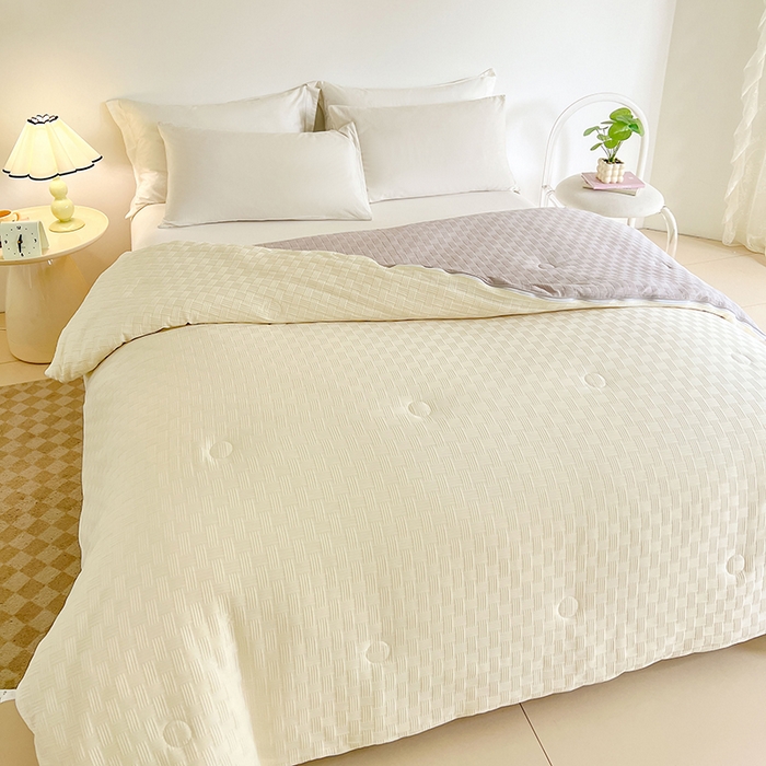 91家纺网 家纺一手货源 找家纺 VIP被业 2025新款简约纯色华夫格提花大豆子母被被子被芯 米拼灰