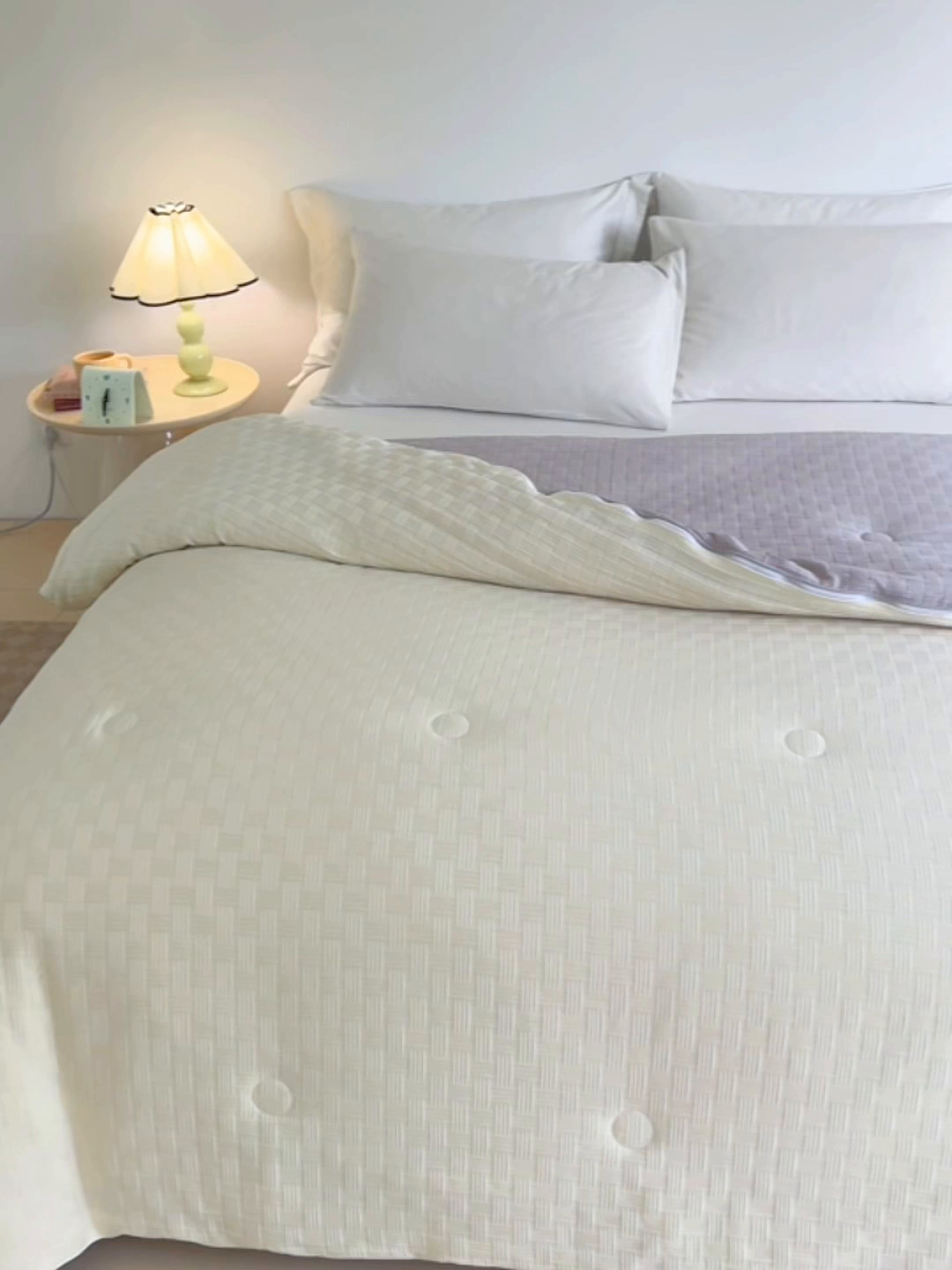 91家纺网 家纺一手货源 找家纺 VIP被业 2025新款简约纯色华夫格提花大豆子母被被子被芯 米拼灰