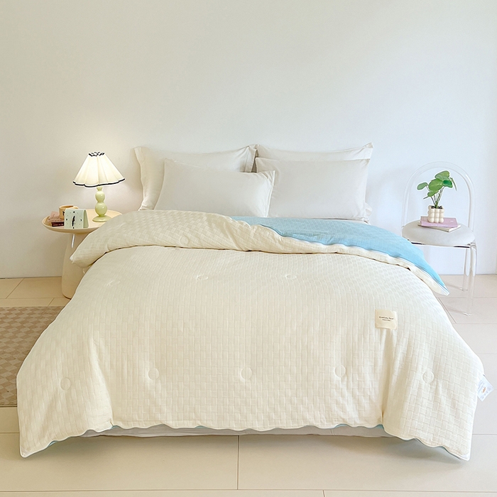 91家纺网 家纺一手货源 找家纺 VIP被业 2025新款简约纯色华夫格提花大豆子母被被子被芯 米拼蓝