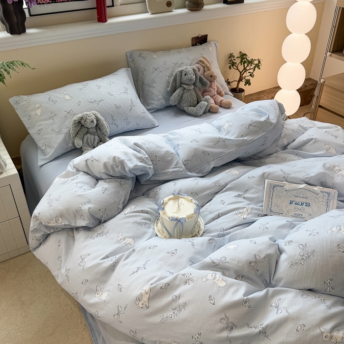 慕尚家纺 2025新款全棉纯棉母婴双层纱四件套 丝带小兔