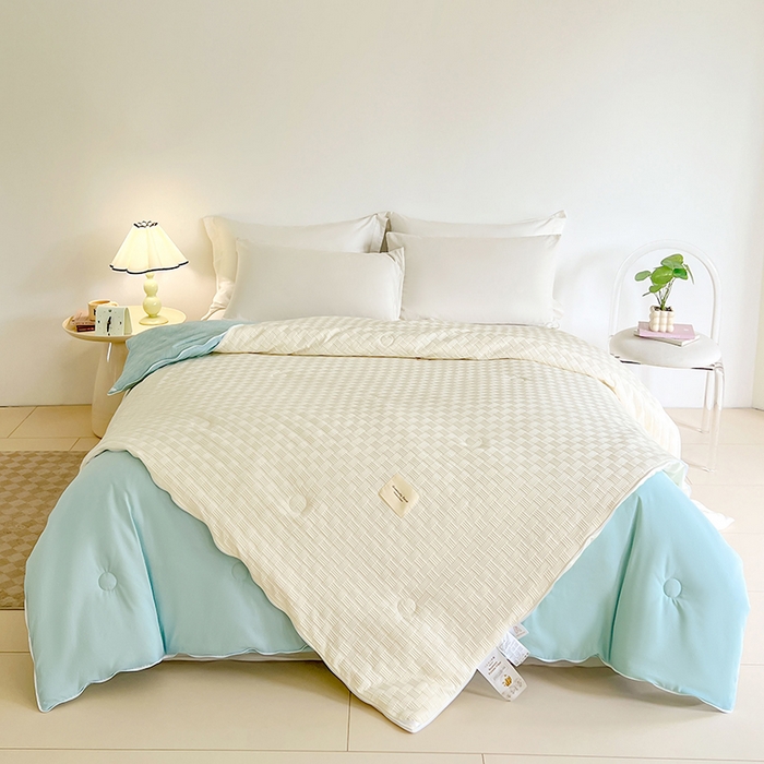 91家纺网 家纺一手货源 找家纺 VIP被业 2025新款简约纯色华夫格提花大豆子母被被子被芯 米拼蓝