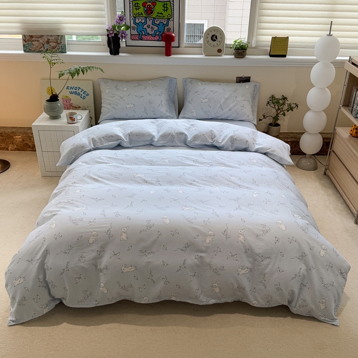 91家纺网 家纺一手货源 找家纺 慕尚家纺 2025新款全棉纯棉母婴双层纱四件套 丝带小兔