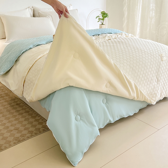 91家纺网 家纺一手货源 找家纺 VIP被业 2025新款简约纯色华夫格提花大豆子母被被子被芯 米拼蓝