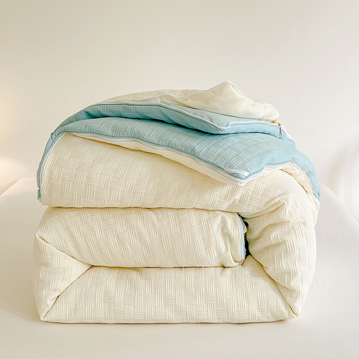 91家纺网 家纺一手货源 找家纺 VIP被业 2025新款简约纯色华夫格提花大豆子母被被子被芯 米拼蓝