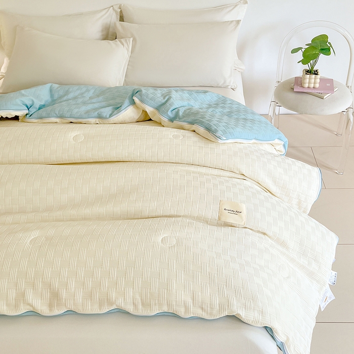 91家纺网 家纺一手货源 找家纺 VIP被业 2025新款简约纯色华夫格提花大豆子母被被子被芯 米拼蓝