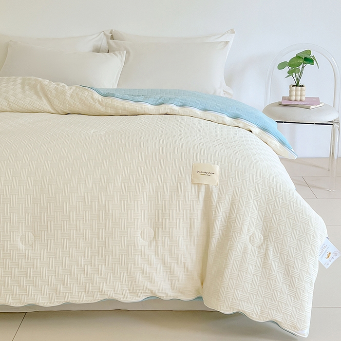 91家纺网 家纺一手货源 找家纺 VIP被业 2025新款简约纯色华夫格提花大豆子母被被子被芯 米拼蓝