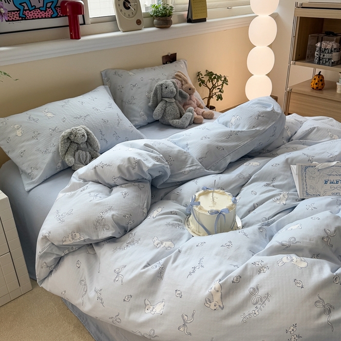 91家纺网 家纺一手货源 找家纺 慕尚家纺 2025新款全棉纯棉母婴双层纱四件套 丝带小兔