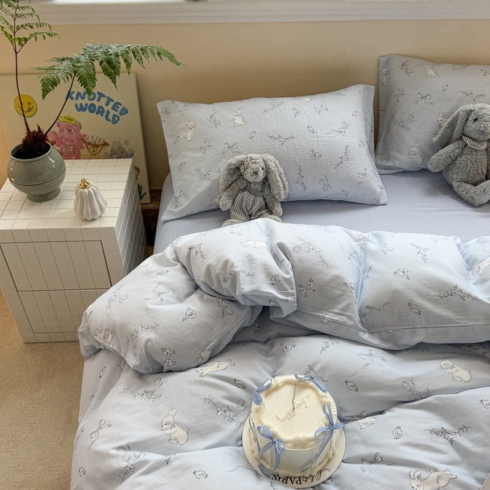 91家纺网 家纺一手货源 找家纺 慕尚家纺 2025新款全棉纯棉母婴双层纱四件套 丝带小兔