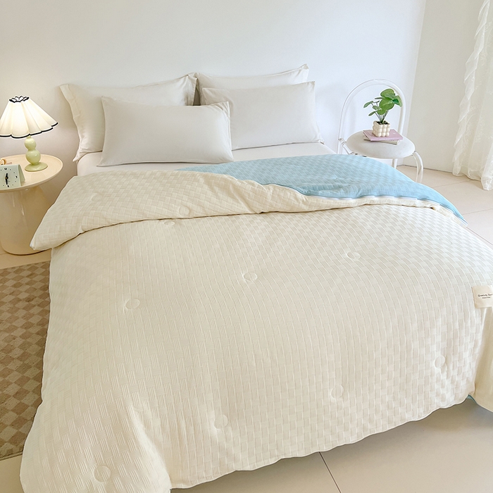 91家纺网 家纺一手货源 找家纺 VIP被业 2025新款简约纯色华夫格提花大豆子母被被子被芯 米拼蓝