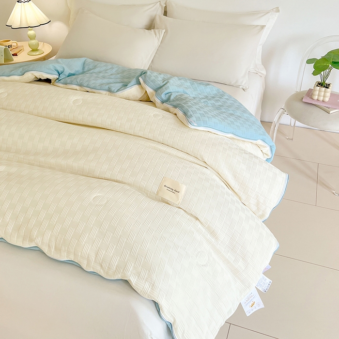 91家纺网 家纺一手货源 找家纺 VIP被业 2025新款简约纯色华夫格提花大豆子母被被子被芯 米拼蓝