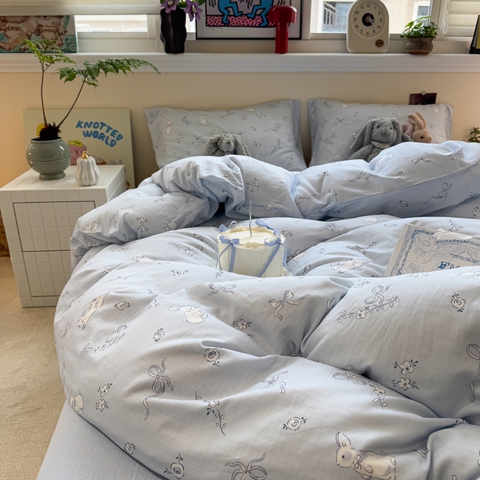 91家纺网 家纺一手货源 找家纺 慕尚家纺 2025新款全棉纯棉母婴双层纱四件套 丝带小兔