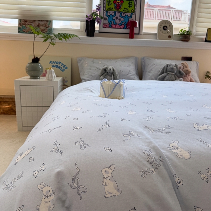 91家纺网 家纺一手货源 找家纺 慕尚家纺 2025新款全棉纯棉母婴双层纱四件套 丝带小兔