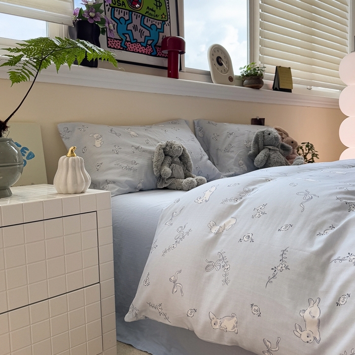 91家纺网 家纺一手货源 找家纺 慕尚家纺 2025新款全棉纯棉母婴双层纱四件套 丝带小兔