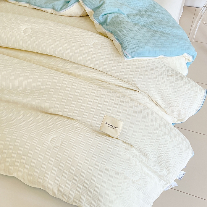 91家纺网 家纺一手货源 找家纺 VIP被业 2025新款简约纯色华夫格提花大豆子母被被子被芯 米拼蓝